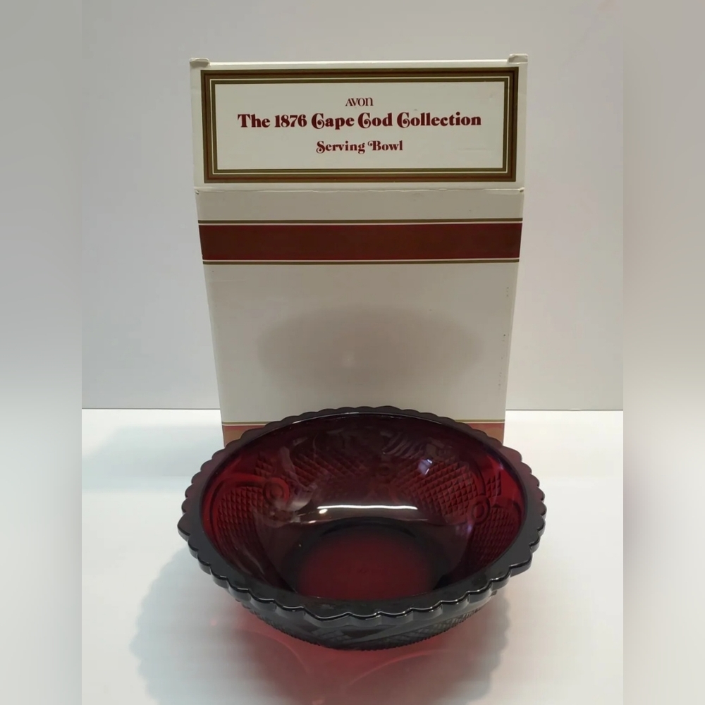 NEW Avon Cape Cod Ruby Red Serving Bowl 8.75" Vintage With Box Sandwich Glass